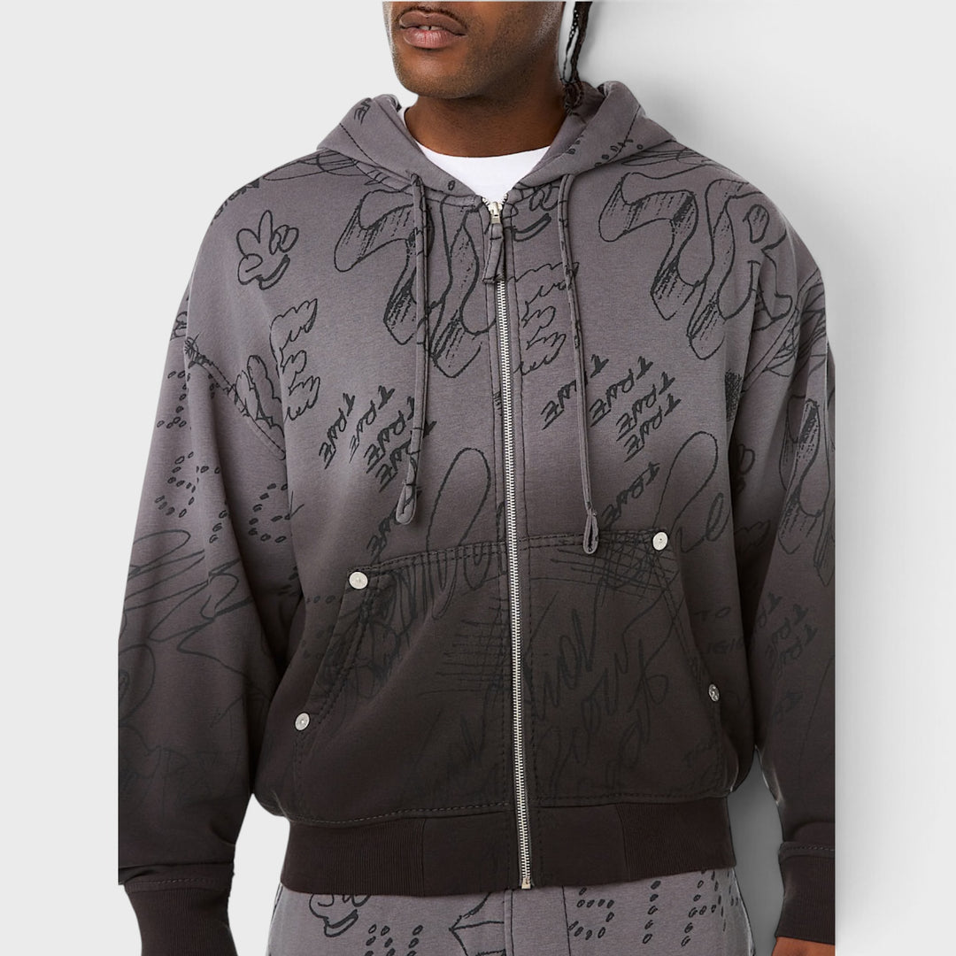 True Religion Dip Dyed Big T Boxy Zip Hoodie vintage black