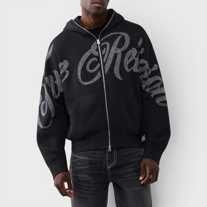 True Religion Crystal Script Boxy Zip Up Hoodie jet black