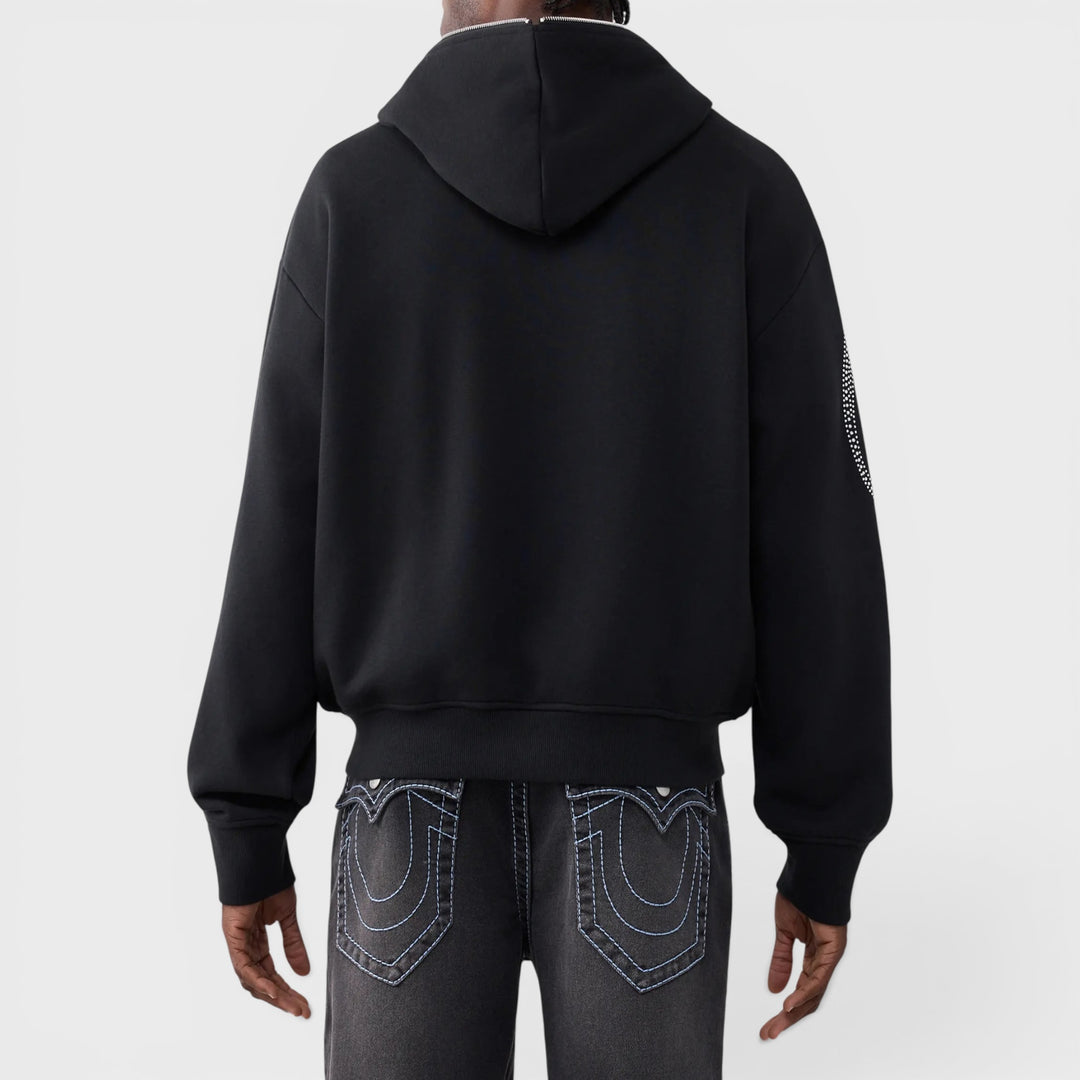 True Religion Crystal Script Boxy Zip Up Hoodie jet black
