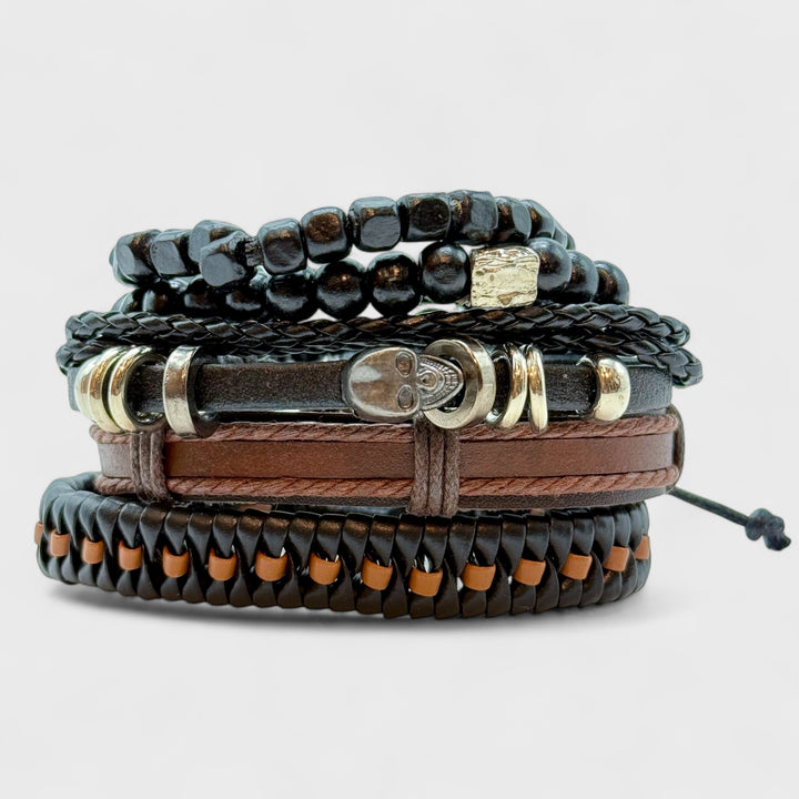 Leather Rope Skull Beaded Bracelet Set