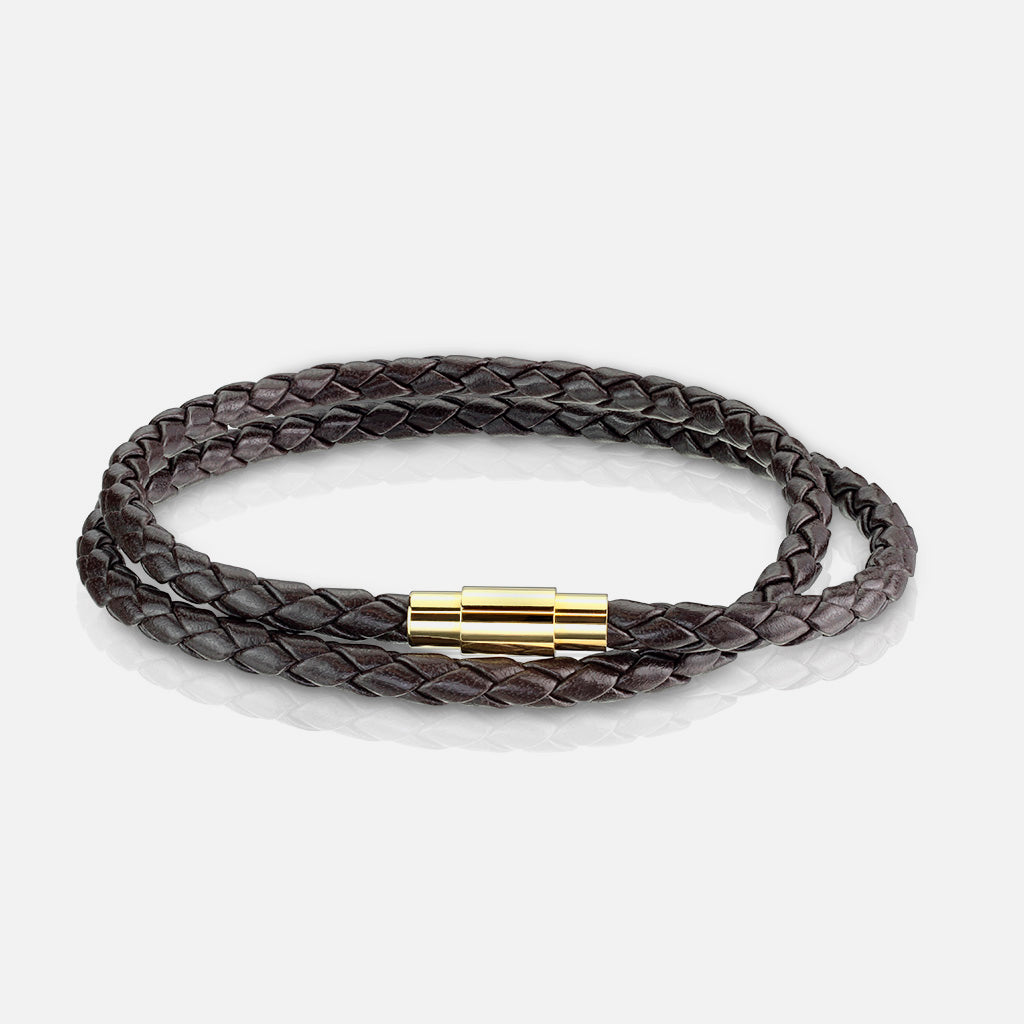 Double Wrap Black Bolo Braided leather bracelet brown/gold - Shop-Tetuan