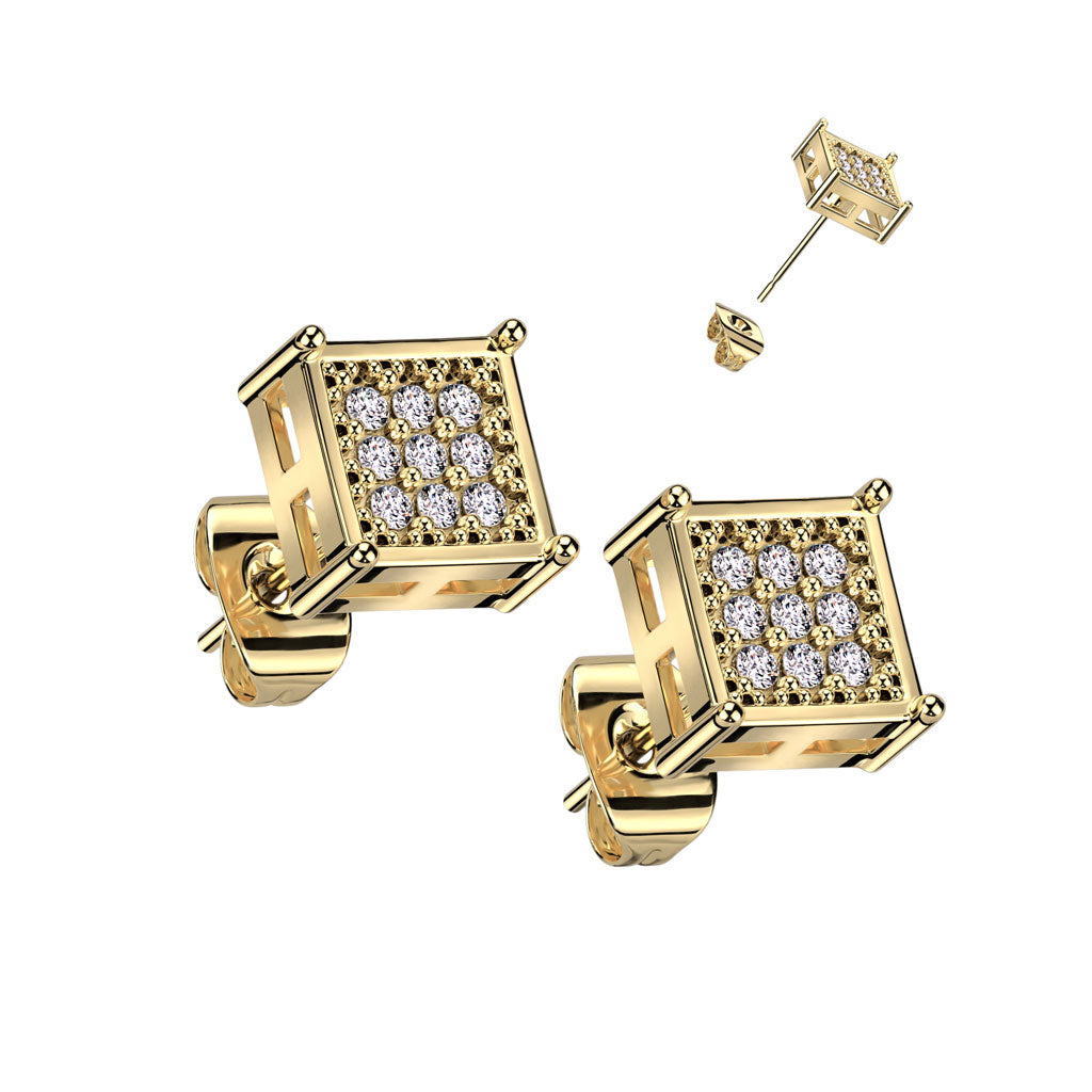 Pair of 316L Surgical Stainless Square Stud Earring With CNC CZ Center Gold - Shop-Tetuan