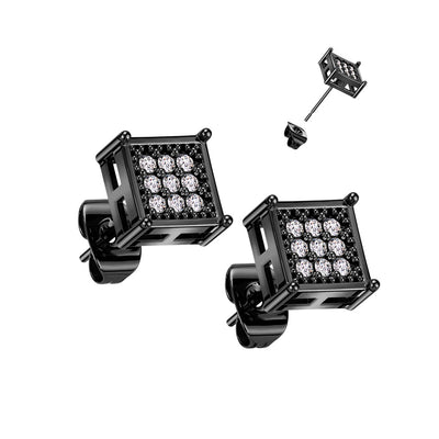 Pair of 316L Surgical Stainless Square Stud Earring With CNC CZ Center Black - Shop-Tetuan