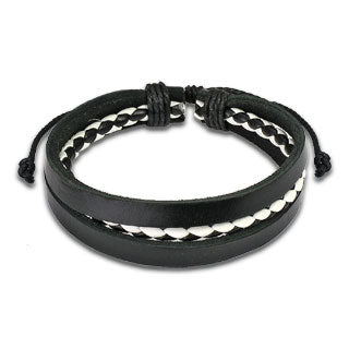 Black Leather Bracelet with Black & White 2 Tone Braided Center - Shop-Tetuan