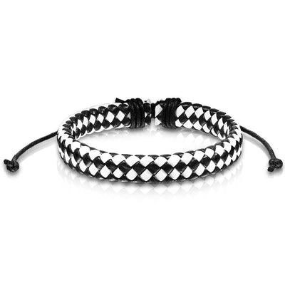 Diagonal Checker Weaved Leather Bracelet with Drawstrings blk/wht - Shop-Tetuan