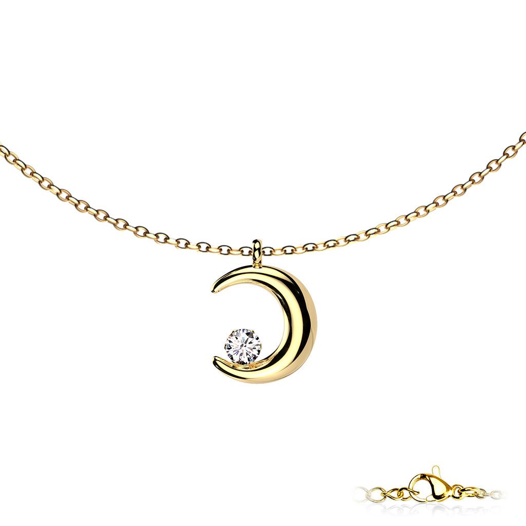 Crescent Moon Pendant With Prong Set CZ Stainless Steel Chain Necklace gold - Shop-Tetuan