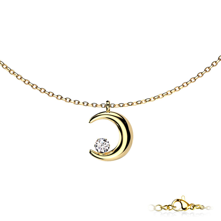 Crescent Moon Pendant With Prong Set CZ Stainless Steel Chain Necklace gold - Shop-Tetuan