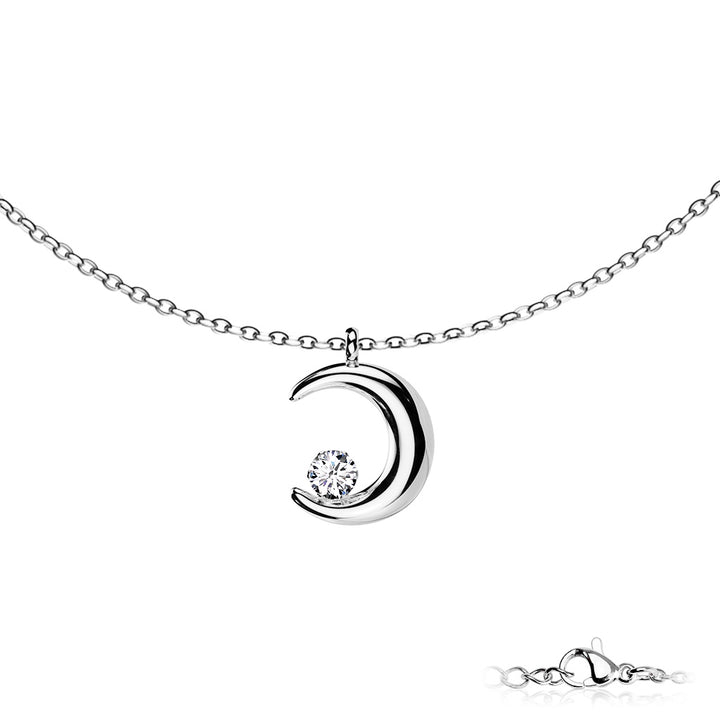 Crescent Moon Pendant With Prong Set CZ Stainless Steel Chain Necklace silver - Shop-Tetuan