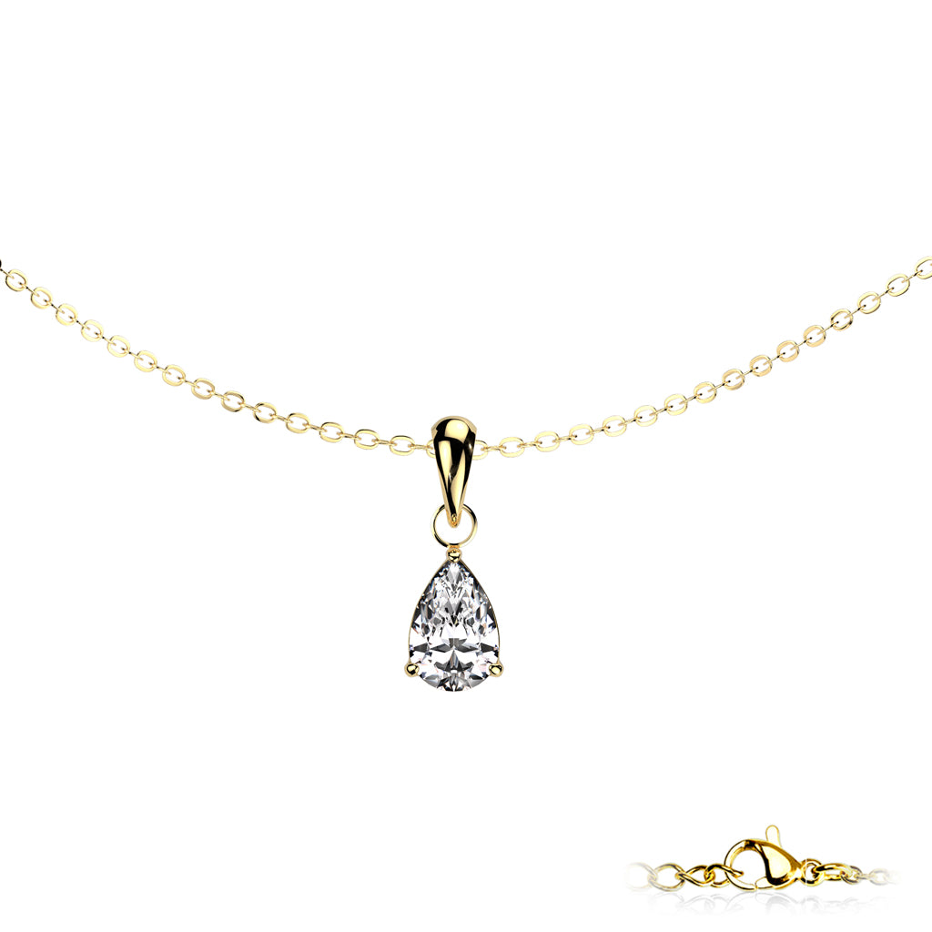 Teardrop CZ Prong Set Pendant Stainless Steel Chain Necklace gold - Shop-Tetuan