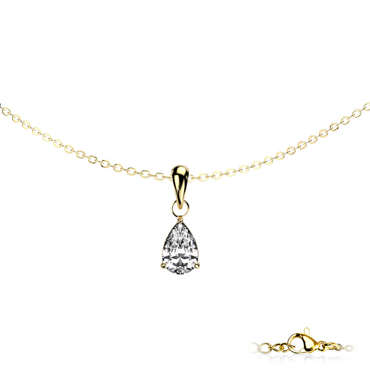 Teardrop CZ Prong Set Pendant Stainless Steel Chain Necklace gold - Shop-Tetuan
