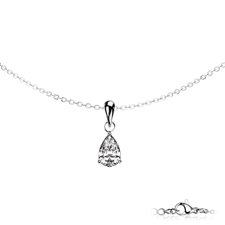 Teardrop CZ Prong Set Pendant Stainless Steel Chain Necklace silver - Shop-Tetuan