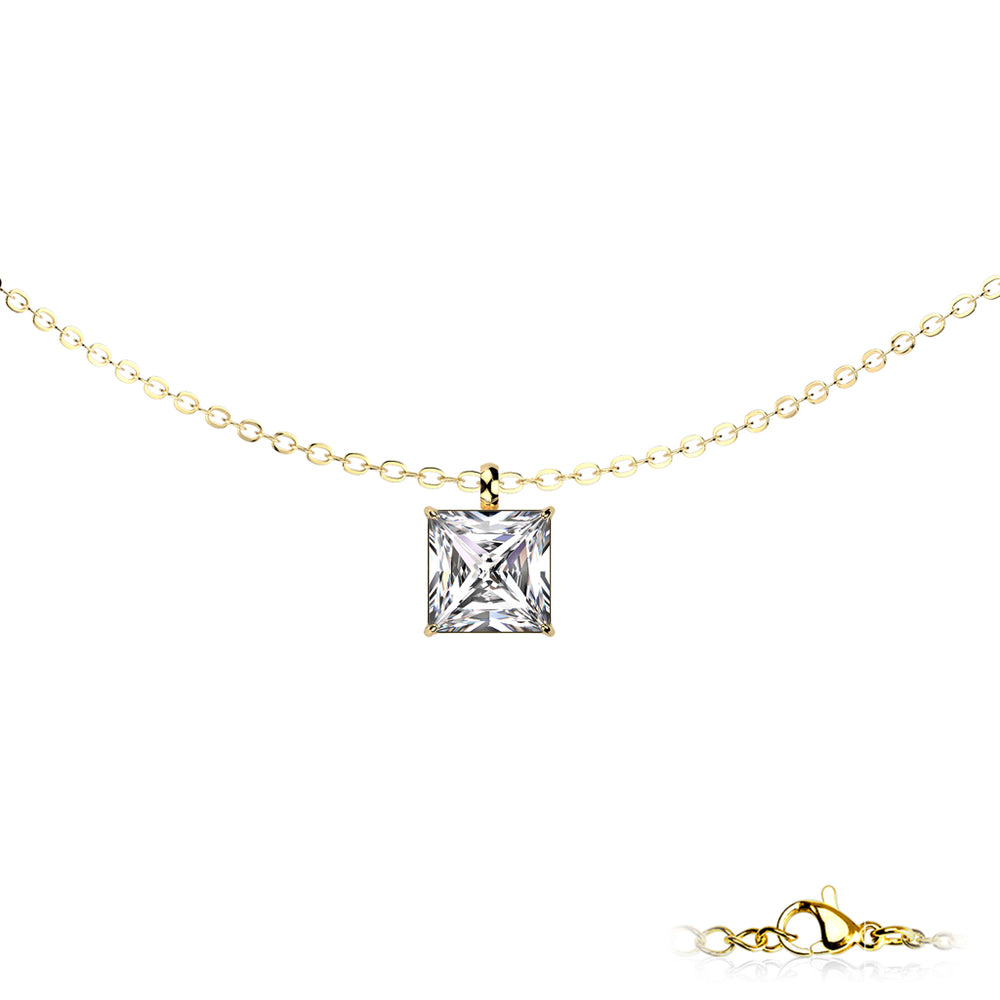 Square CZ Prong Set Pendant Stainless Steel Chain Necklace gold - Shop-Tetuan