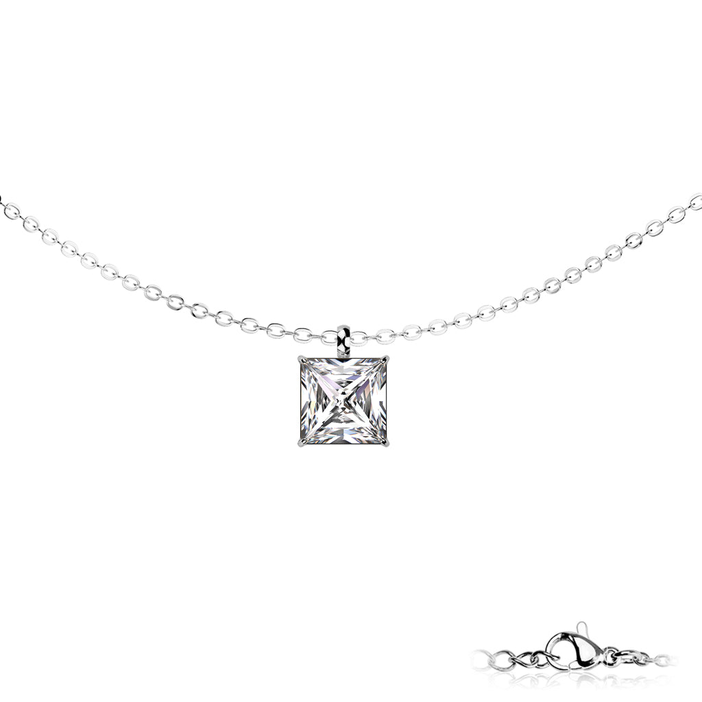 Square CZ Prong Set Pendant Stainless Steel Chain Necklace silver - Shop-Tetuan