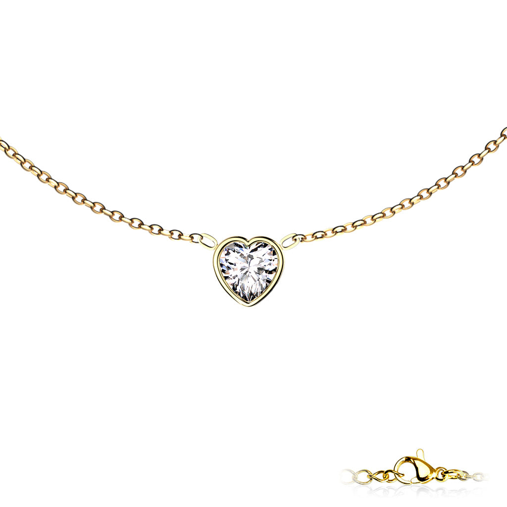 Heart Bezel Set CZ Pendant With Stainless Steel Chain Necklace gold - Shop-Tetuan