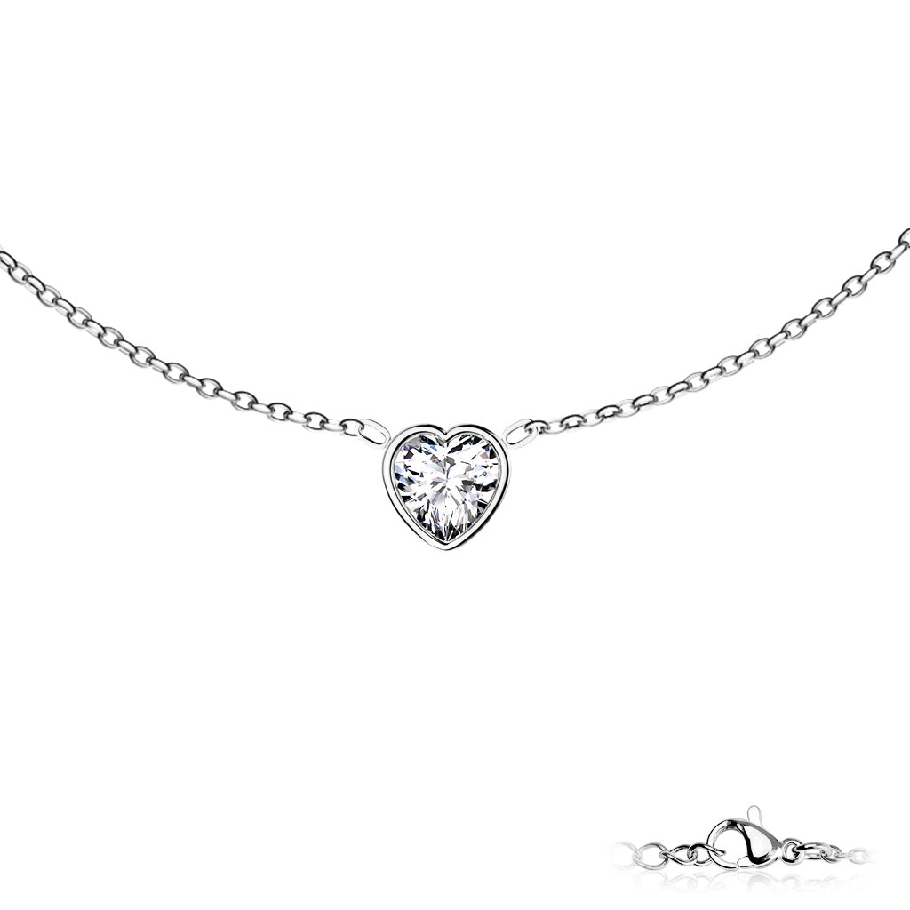 Heart Bezel Set CZ Pendant With Stainless Steel Chain Necklace silver - Shop-Tetuan