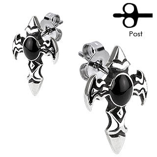 Winged Cross with Onyx Stone Stud Earring 316L Stainless Steel - Shop-Tetuan