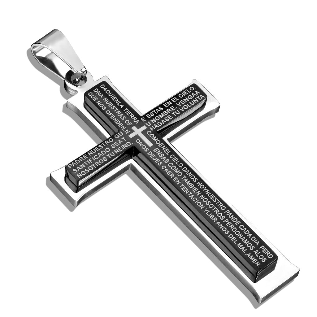 The Lord's Prayer in Spanish on Black IP Cross Stainless Steel Pendant - Shop-Tetuan