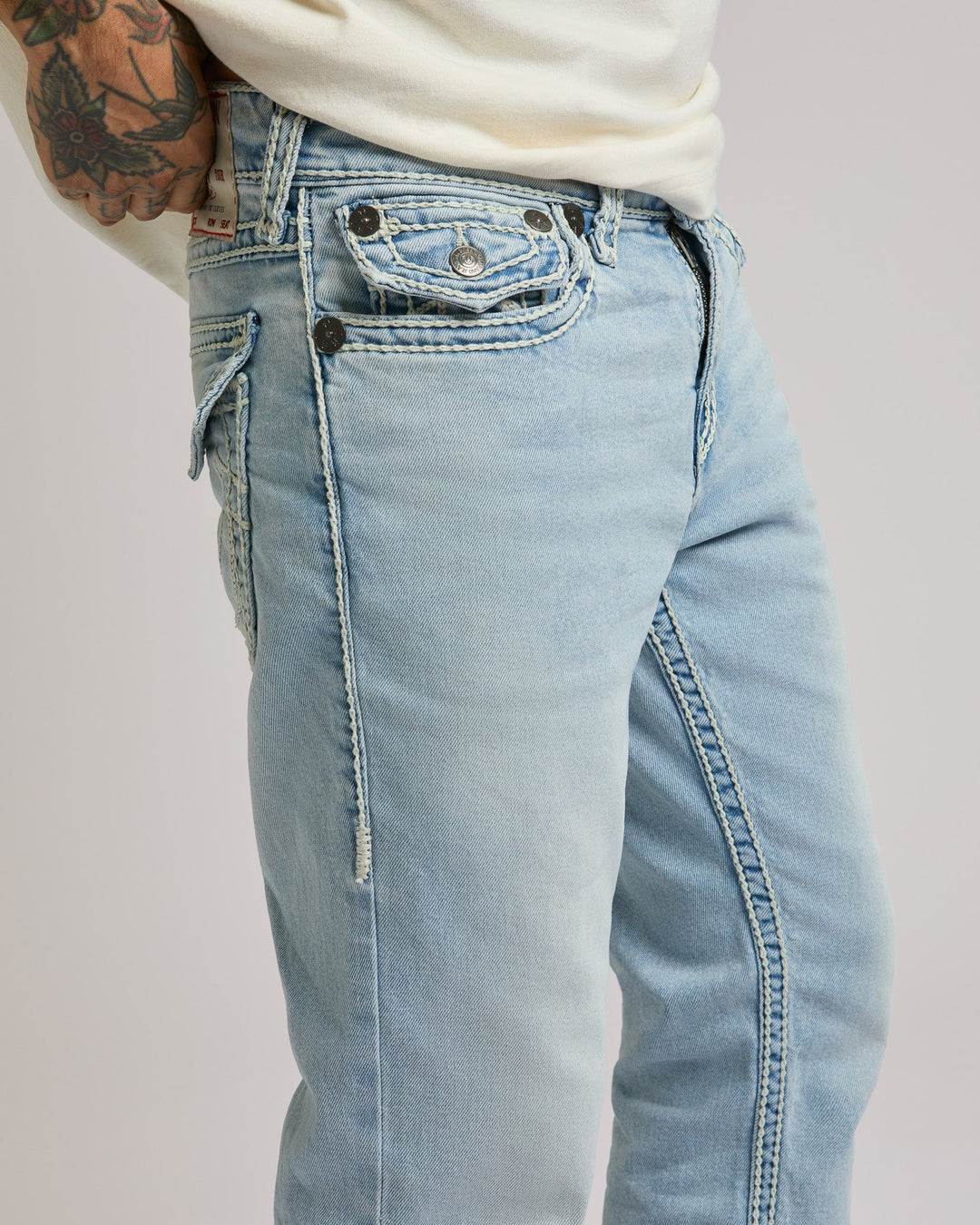 True Religion Ricky Ropestitch Flap 34inch jeans coastline ash light wash