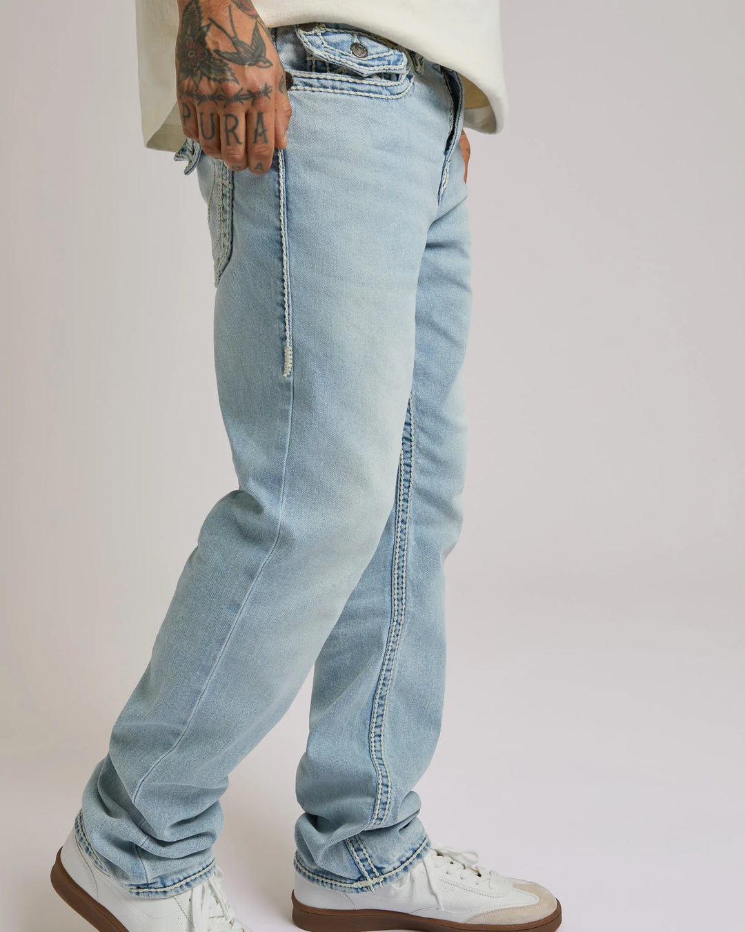 True Religion Ricky Ropestitch Flap 34inch jeans coastline ash light wash