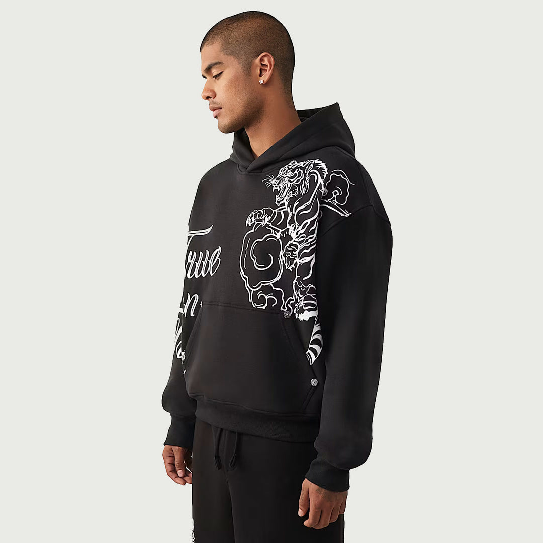 True Religion Tiger Script Boxy Hoodie jet black
