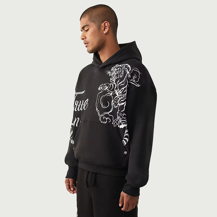True Religion Tiger Script Boxy Hoodie jet black