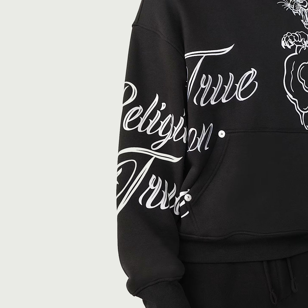 True Religion Tiger Script Boxy Hoodie jet black