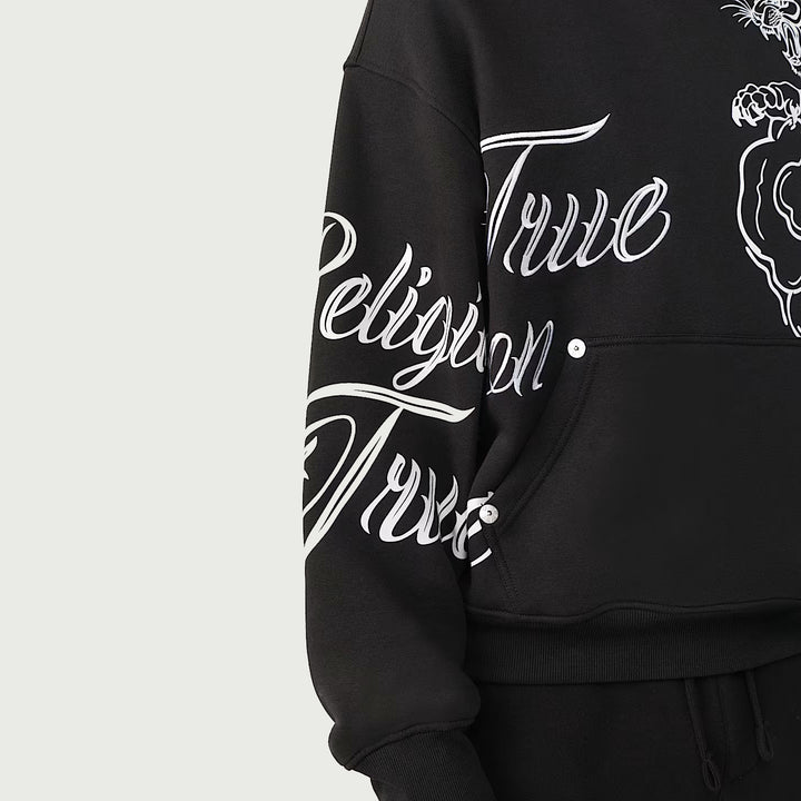 True Religion Tiger Script Boxy Hoodie jet black