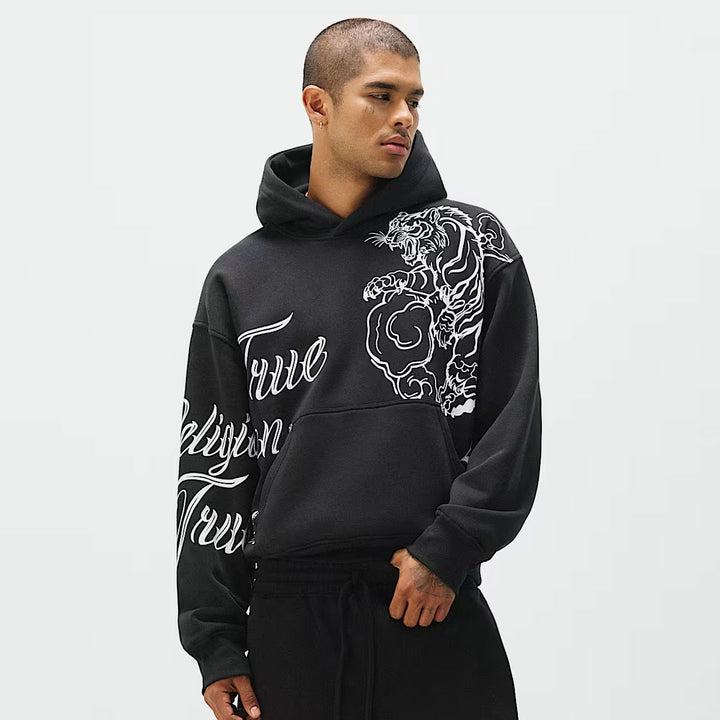 True Religion Tiger Script Boxy Hoodie jet black