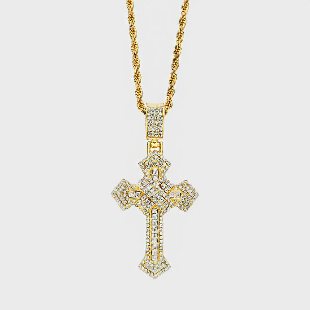 Diamond Cross Chain Pendant Necklace steel/gold - Shop-Tetuan