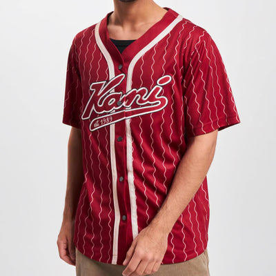 Karl Kani Varsity Ziczac Pinstripe Baseball Shirt dark red/white - Shop-Tetuan