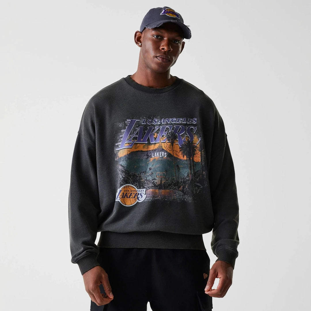 New Era NBA Washed Oversized Crewneck LA Lakers Graphic Grey - Shop-Tetuan
