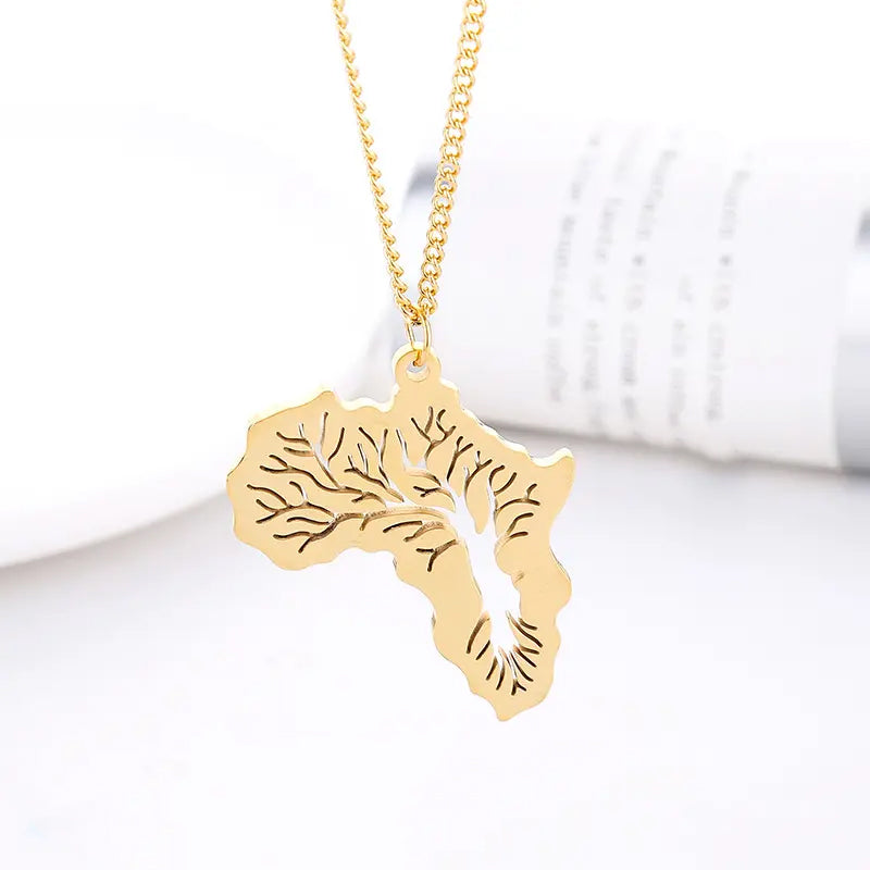 Tree of Life Africa Map Pendant necklace steel/gold