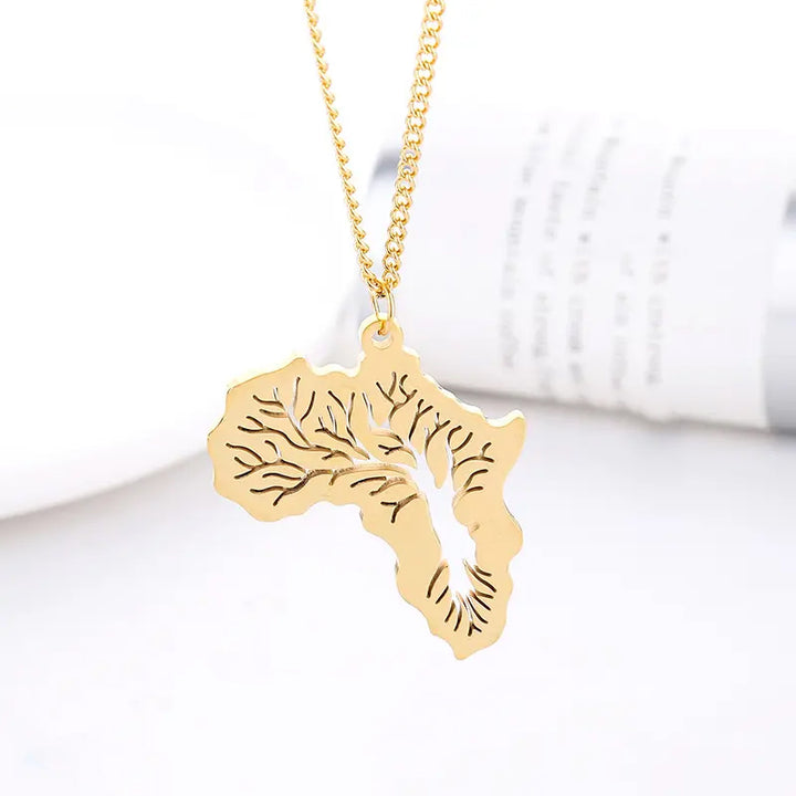 Tree of Life Africa Map Pendant necklace steel/gold