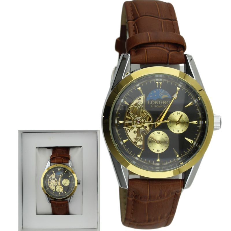 Longbo Men's Automatic Watch with Leather Strap brown/gold - Shop-Tetuan