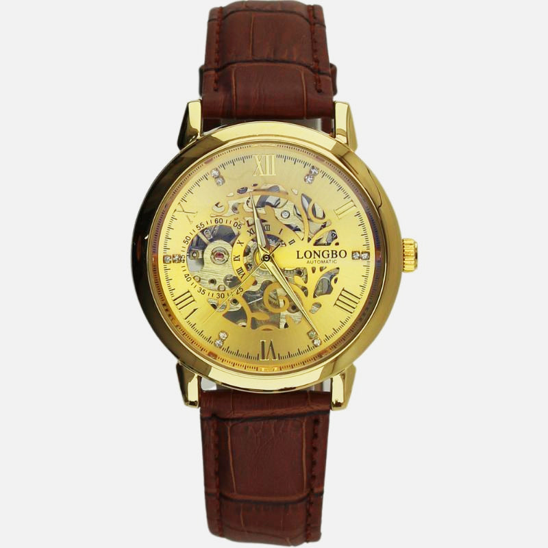 Longbo Men's Automatic Watch with Leather Strap gold/brown - Shop-Tetuan