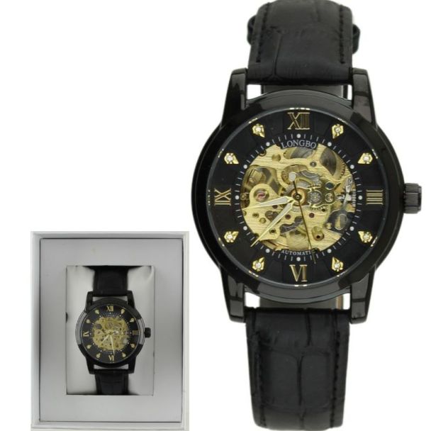 Longbo Men's Automatic Watch with Leather Strap gun/black - Shop-Tetuan