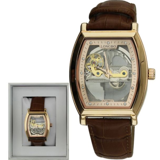 Longbo Men's Automatic Watch with Leather Strap rose/brown - Shop-Tetuan