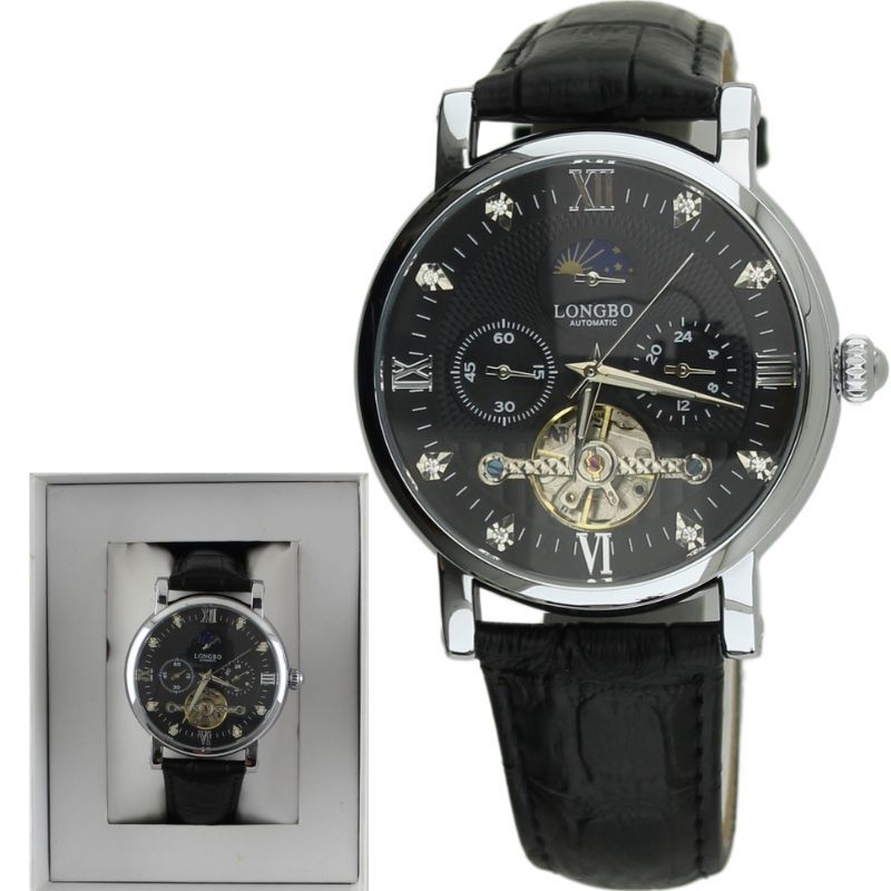 Longbo Automatic Watch with Leather Strap silver/black - Shop-Tetuan