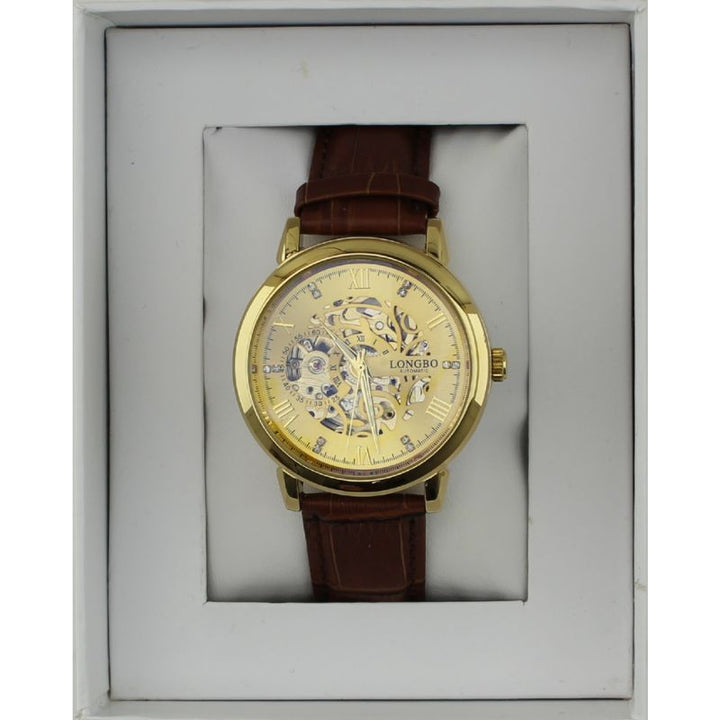 Longbo Men's Automatic Watch with Leather Strap gold/brown - Shop-Tetuan