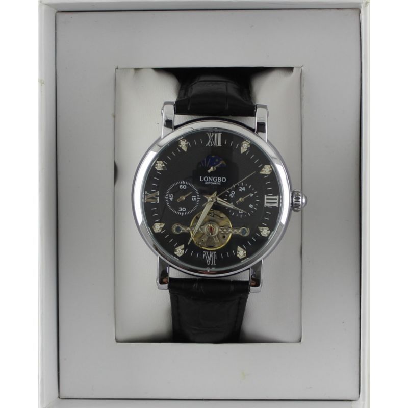 Longbo Automatic Watch with Leather Strap silver/black - Shop-Tetuan