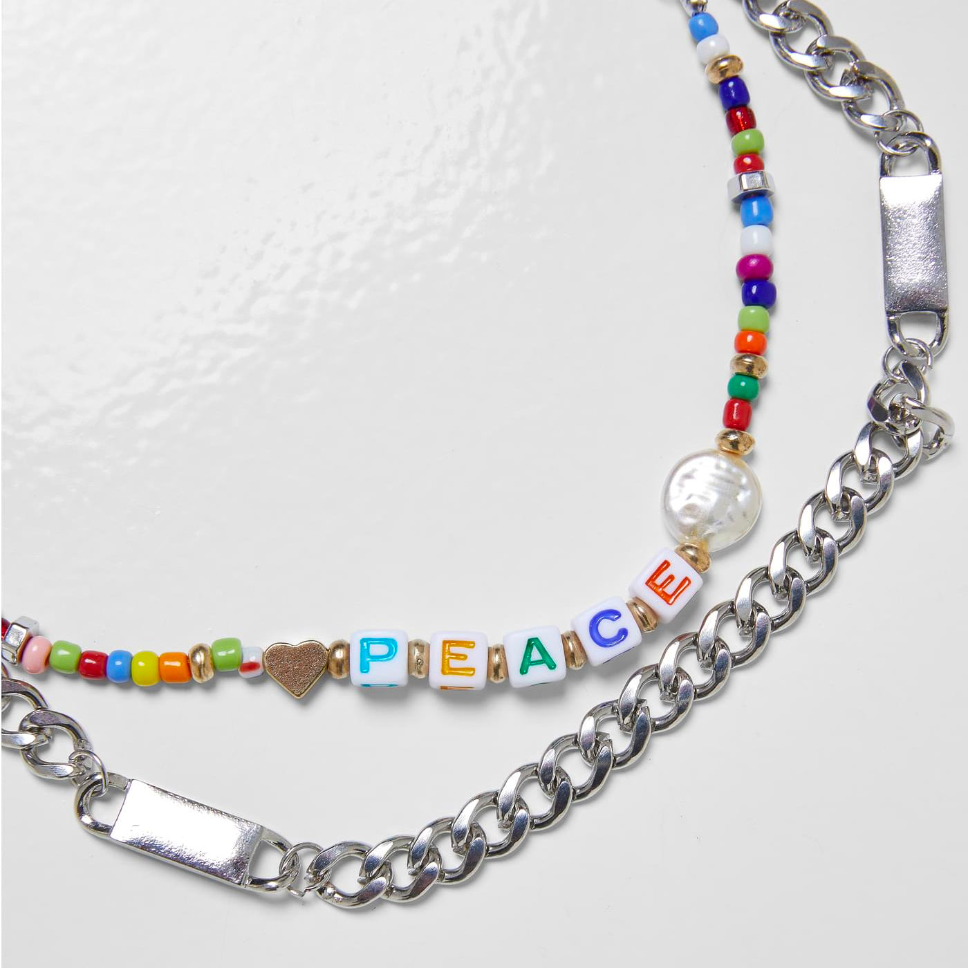Urban Classics Peace Bead Layering necklace 2-Pack silver