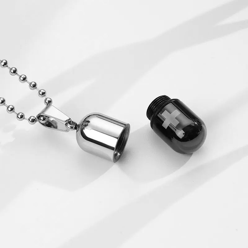 Pill Capsule Chain Pendant Necklace steel/black - Shop-Tetuan