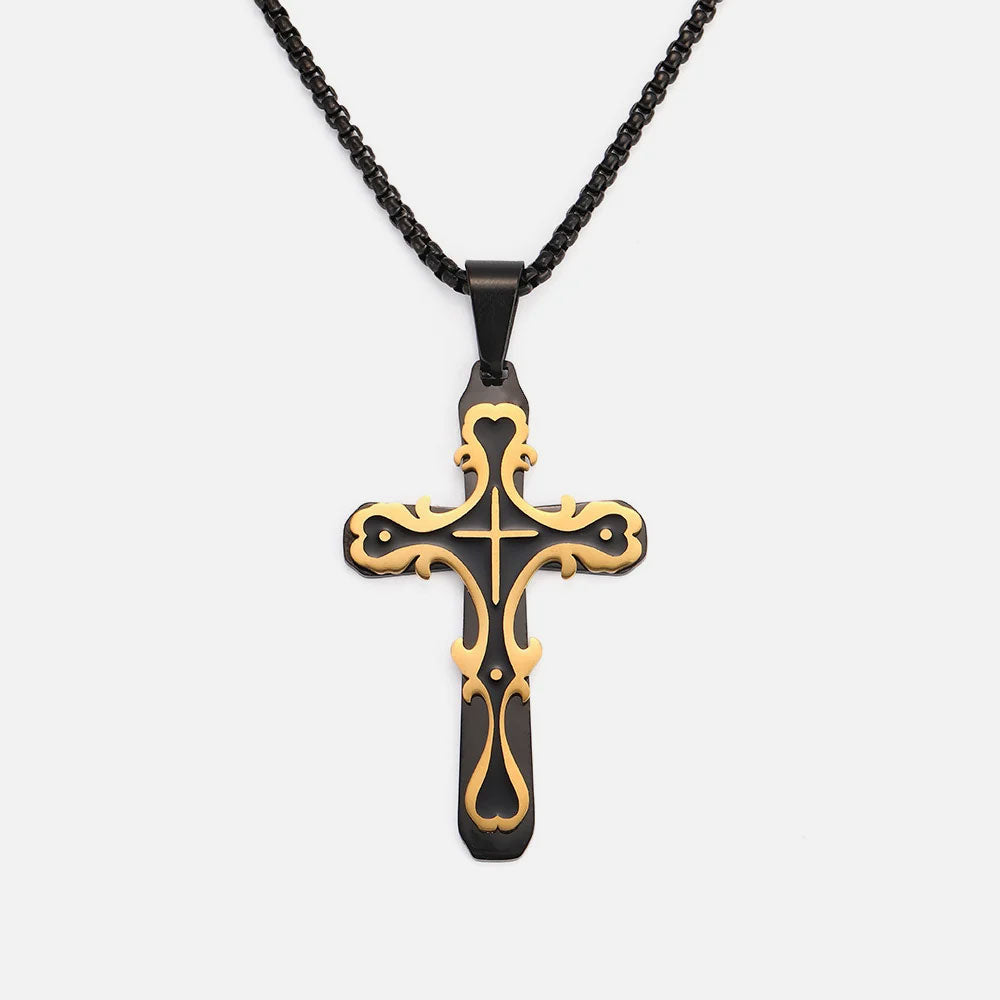 Baroque Cross Pendant Necklace black/gold