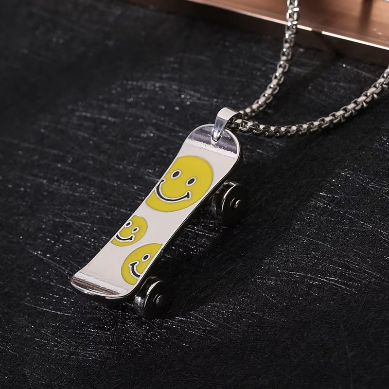 Skateboard Smiley Pendant Necklace silver