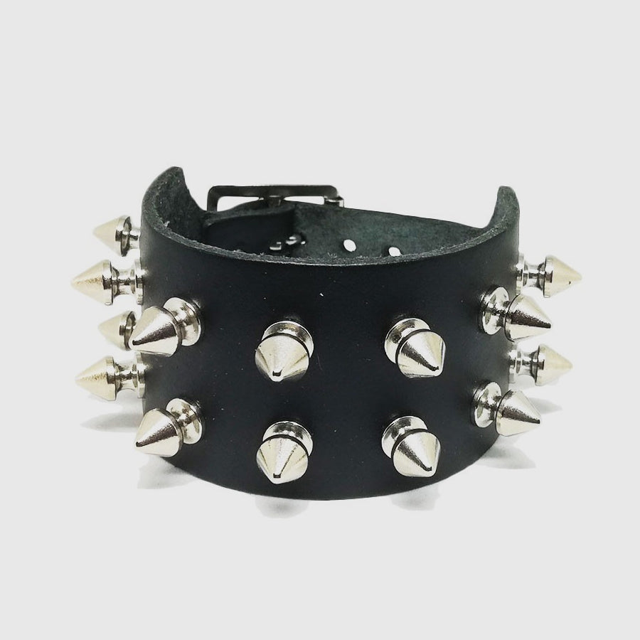 2 Row Spiked Leather Wristband black