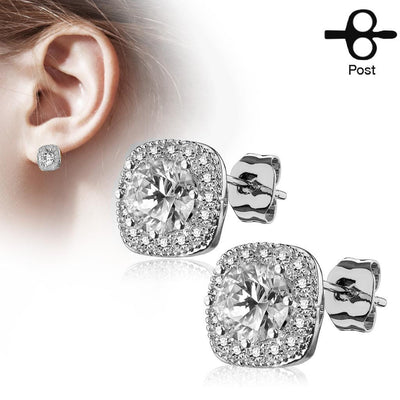 Round Centered Paved Outlined Square Post Earring Studs clear - Shop-Tetuan