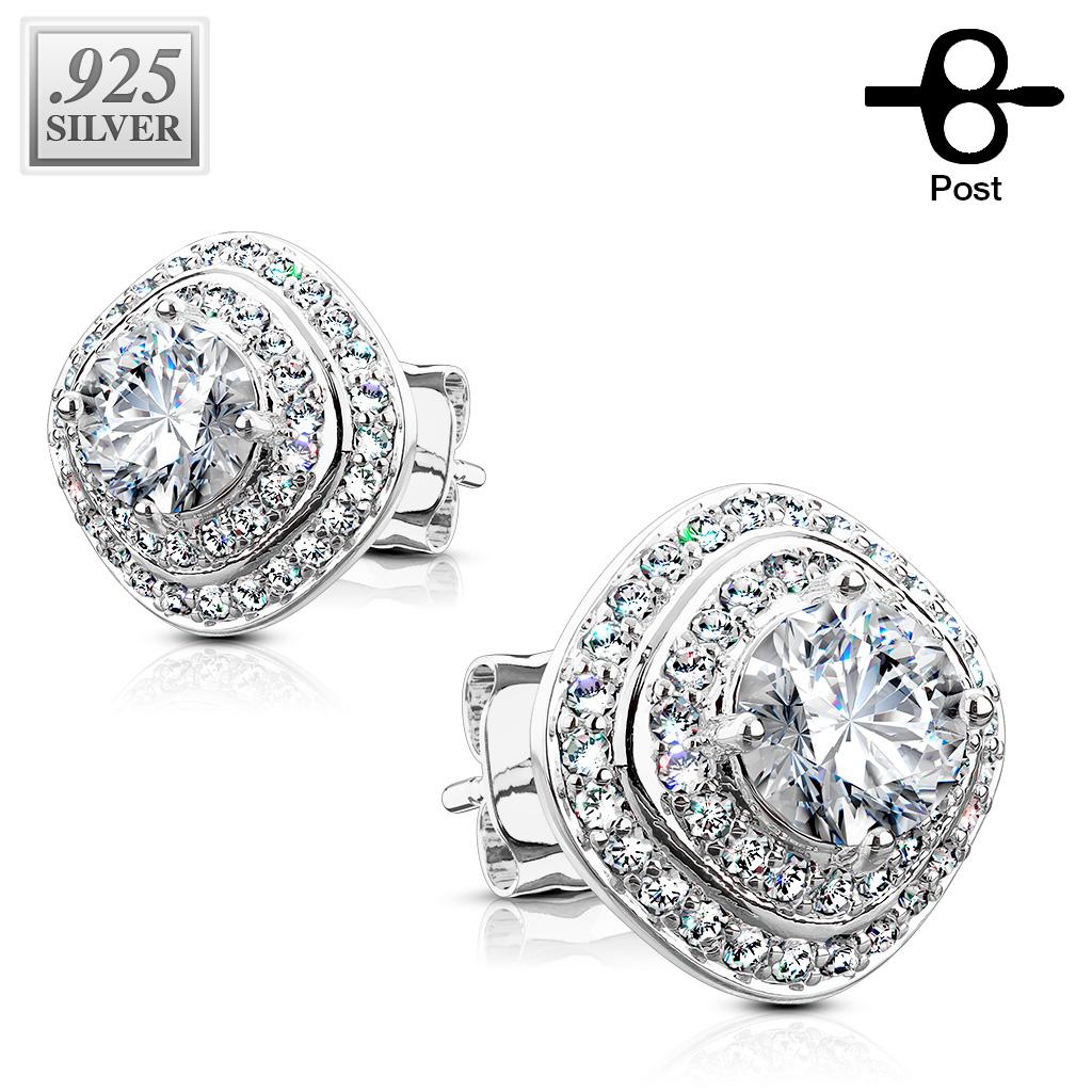 Pair of .925 Sterling Silver CZ Paved Triple Tier Square Stud Earrings clear - Shop-Tetuan