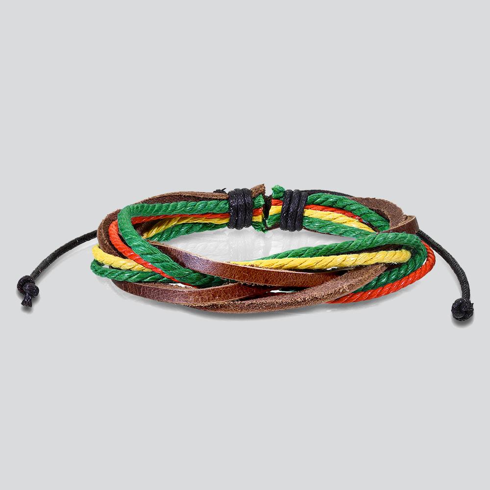 Brown with Triple Colored Rasta Leather Bracelet with Drawstrings - Shop-Tetuan