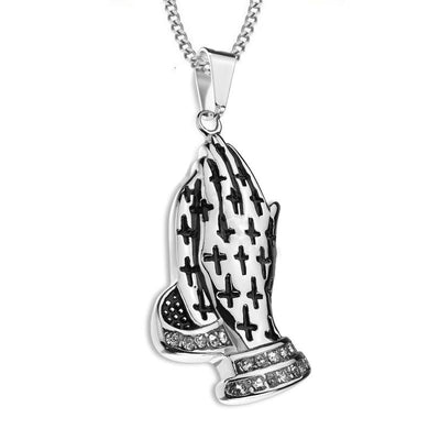 Praying Hands with Crosses and Crystal Lined Wrists Serenity Prayer Engraved Back necklace steel - Shop-Tetuan