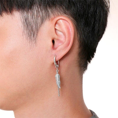 Tribal Feather Chain Round Clicker Hoop Earring Stainless Steel - Shop-Tetuan